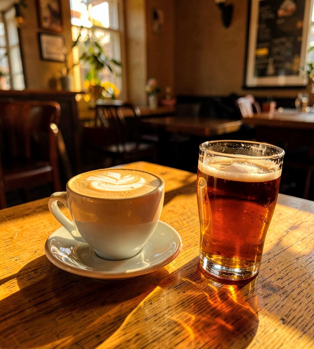 A latte and a glass of craft beer on a sunlit table at CraftBrew Cafe